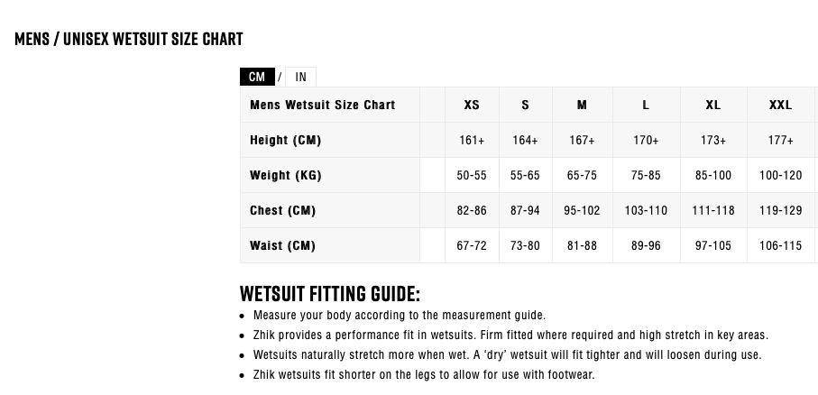 WETSUIT SIZE CHART MEN ZHIK