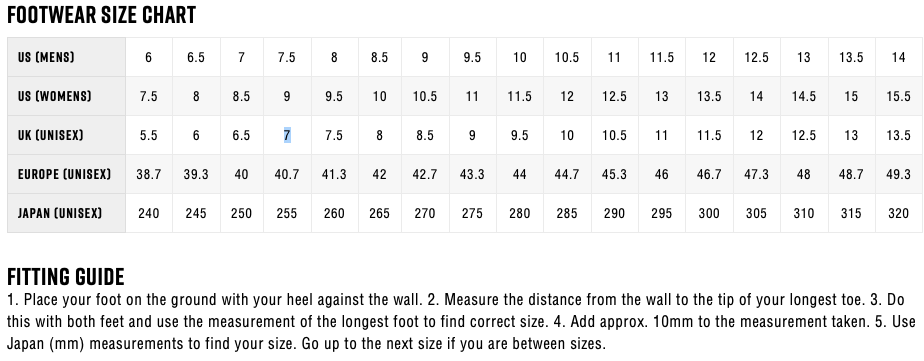 SIZE CHART US BOOTS